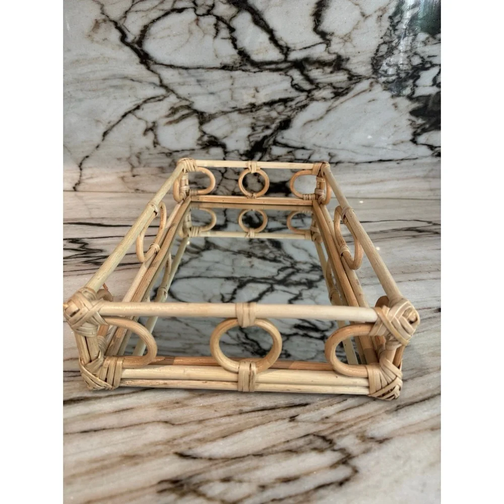Rattan Mirror Vanity Display Tray Handmade Bohemian Natural